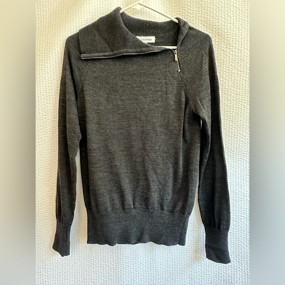 CALVIN KLEIN Gray Wool Blend Asymmetrical Zip Collar Pullover Sweater Size Small
